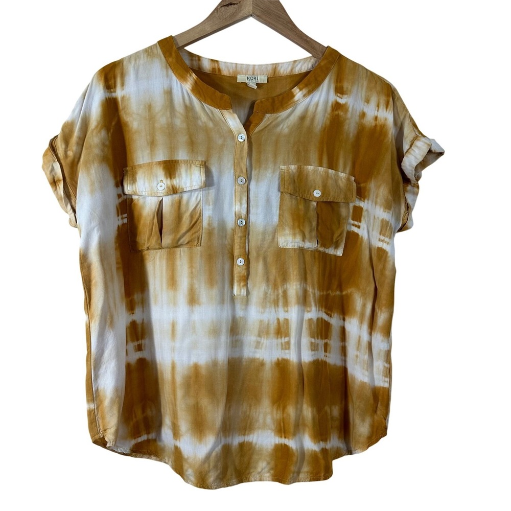 Kori America Womens Tie Dye Henley Blouse Mustard Yellow Rayon Short Sleeve M